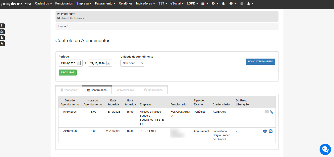 Controle de atendimentos e agendamento de exames ocupacionais no Peoplenet SST