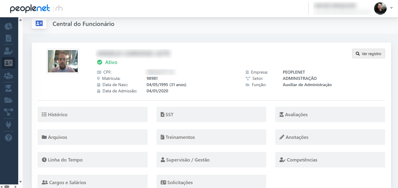 Central do funcionário no Peoplenet RH com histórico, treinamentos e avaliações